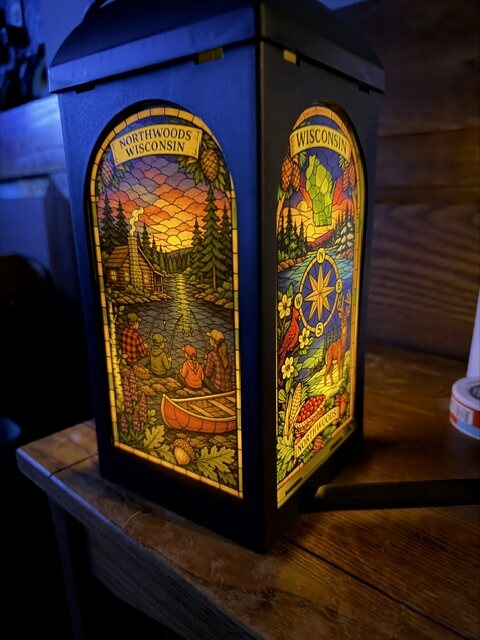 Illuminated Wisconsin stained-glass style lantern